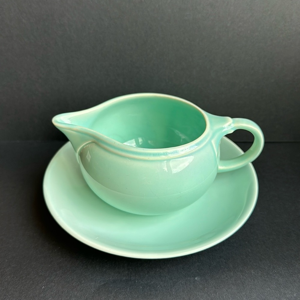 VTG Lu-Ray Pastels Ceramic Creamer Pitcher and Saucer Plate SURF GREEN